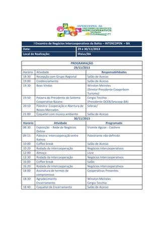 I Encontro de Negócios Intercooperativos da Bahia – INTERCOPEN – BA
Data:

29 e 30/11/2013

Local de Realização:

Ilhéus/BA
PROGRAMAÇÃO
29/11/2013

Horário
18:30
19:00
19:30

19:50

Atividade
Recepção com Grupo Regional
Credenciamento
Boas Vindas

Responsabilidades
Salão de Acesso
Salão de Acesso
Winston Meireles
(Diretor Presidente Cooperbom
Turismo)
Cergio Tecchio
(Presidente OCEB/Sescoop-BA)
Sebrae/

Palavra do Presidente do Sistema
Cooperativo Baiano
20:10
Palestra: Cooperação e Abertura de
Novos Mercados
21:00
Coquetel com música ambiente
Salão de Acesso
30/11/2013
Horário
Atividade
Programado
08:30
Exposição - Rede de Negócios
Vicente Aguiar - Coolivre
Online
09:15
Palestra: Intercooperação entre
Palestrante não definido
Ramos
10:00
Coffee break
Salão de Acesso
10:20
Rodada da Intercooperação
Negócios Intercooperativos
12:00
Almoço
Livre
13:30
Rodada da Intercooperação
Negócios Intercooperativos
16:00
Coffee break
Salão
16:20
Rodada da Intercooperação
Negócios intercooperativos
18:00
Assinatura de termos de
Cooperativas Presentes
compromisso
18:30
Agradecimento
Winston Meireles
Encerramento
Cergio Tecchio
18:40
Coquetel de Encerramento
Salão de Acesso

 