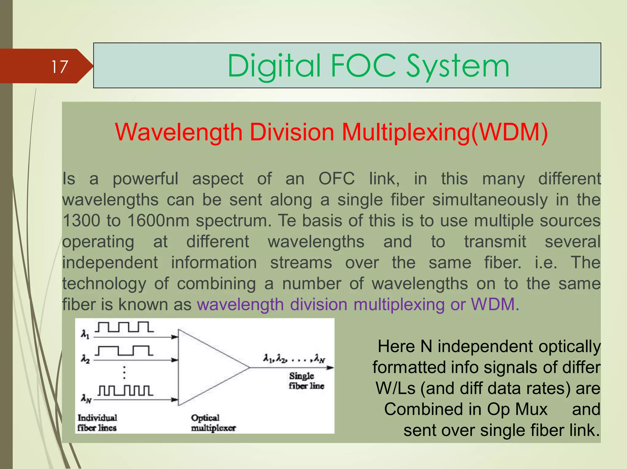 Digital FOC System17
Wavelength Division Multiplexing(WDM)
Is a powerful aspect of an OFC link, in this many different
wavelengths can be sent along a single fiber simultaneously in the
1300 to 1600nm spectrum. Te basis of this is to use multiple sources
operating at different wavelengths and to transmit several
independent information streams over the same fiber. i.e. The
technology of combining a number of wavelengths on to the same
fiber is known as wavelength division multiplexing or WDM.
Here N independent optically
formatted info signals of differ
W/Ls (and diff data rates) are
Combined in Op Mux and
sent over single fiber link.
 