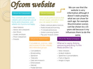 We can see that the
      website is very
  informative although it
   doesn’t state properly
   what we can show for
   each age: for example
   Discrimination scenes
   cant be shown to a 15
  years old because it my
influences them to do the
           same.
 