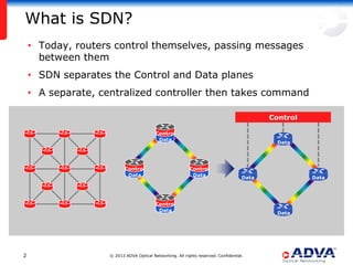 What is SDN?
    • Today, routers control themselves, passing messages
      between them
    • SDN separates the Control and Data planes
    • A separate, centralized controller then takes command

                                                                                            Control

                                          Control
                                           Data
                                                                                              Data




                           Control                         Control
                            Data                            Data
                                                                                     Data             Data




                                          Control
                                           Data
                                                                                              Data




2                   © 2013 ADVA Optical Networking. All rights reserved. Confidential.
 