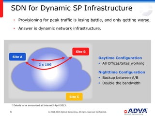 SDN for Dynamic SP Infrastructure
    • Provisioning for peak traffic is losing battle, and only getting worse.

    • Answer is dynamic network infrastructure.




                                                                Site B
    Site A                                                                               Daytime Configuration
                        2 x 10G
                          1x 10G                                                          All Offices/Sites working

                                                    1x 10G                               Nighttime Configuration
                           1x 10G                                                         Backup between A/B
                                                                                          Double the bandwidth


                                                        Site C

* Details to be announced at Internet2 April 2013.


6                                © 2013 ADVA Optical Networking. All rights reserved. Confidential.
 