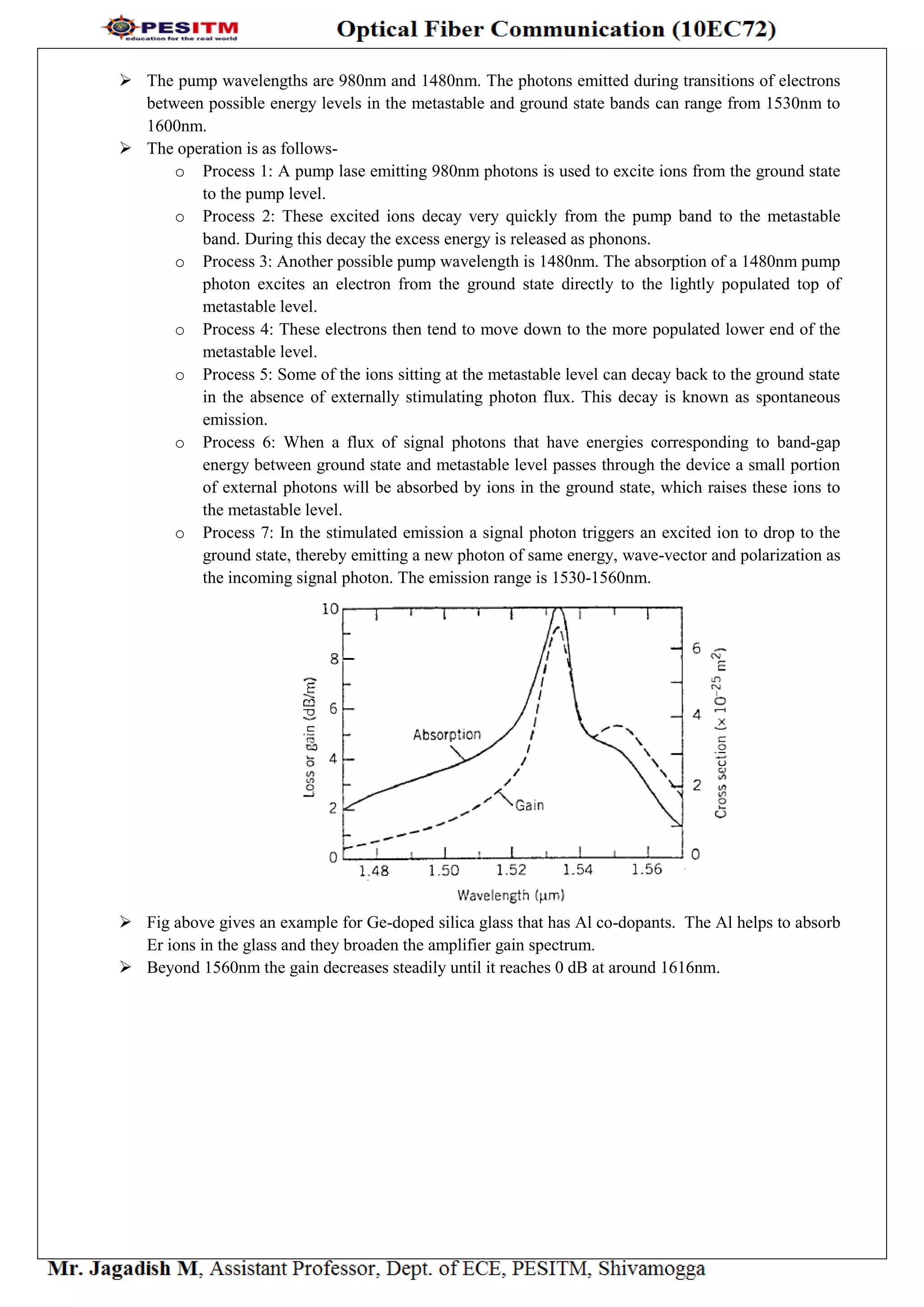  The pump wavelengths are 980nm and 1480nm. The photons emitted during transitions of electrons
between possible energy levels in the metastable and ground state bands can range from 1530nm to
1600nm.
 The operation is as follows-
o Process 1: A pump lase emitting 980nm photons is used to excite ions from the ground state
to the pump level.
o Process 2: These excited ions decay very quickly from the pump band to the metastable
band. During this decay the excess energy is released as phonons.
o Process 3: Another possible pump wavelength is 1480nm. The absorption of a 1480nm pump
photon excites an electron from the ground state directly to the lightly populated top of
metastable level.
o Process 4: These electrons then tend to move down to the more populated lower end of the
metastable level.
o Process 5: Some of the ions sitting at the metastable level can decay back to the ground state
in the absence of externally stimulating photon flux. This decay is known as spontaneous
emission.
o Process 6: When a flux of signal photons that have energies corresponding to band-gap
energy between ground state and metastable level passes through the device a small portion
of external photons will be absorbed by ions in the ground state, which raises these ions to
the metastable level.
o Process 7: In the stimulated emission a signal photon triggers an excited ion to drop to the
ground state, thereby emitting a new photon of same energy, wave-vector and polarization as
the incoming signal photon. The emission range is 1530-1560nm.
 Fig above gives an example for Ge-doped silica glass that has Al co-dopants. The Al helps to absorb
Er ions in the glass and they broaden the amplifier gain spectrum.
 Beyond 1560nm the gain decreases steadily until it reaches 0 dB at around 1616nm.
 