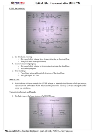 EDFA Architecture:
a. Co-directional pumping:
o The pump light is injected from the same direction as the signal flow.
o This gives better noise performance.
b. Counter-directional pumping:
o The pump light is injected in the opposite direction to the signal flow.
o It allows higher gains.
c. Dual pumping:
o Pump Light is injected from both directions of the signal flow.
o The typical gain is +35dB.
SONET/SDH:
 In digital time division multiplexing (TDM) scheme, a standard signal format called synchronous
optical network (SONET) in North America and synchronous hierarchy (SDH) in other parts of the
world was introduced.
Transmission Formats and Speeds:
 Fig. below shows the basic structure of a SONET frame.
 