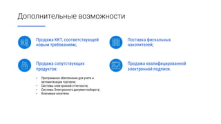 Дополнительные возможности
Продажа ККТ, соответствующей
новым требованиям;
Продажа сопутствующих
продуктов:
• Программное обеспечение для учета и
автоматизации торговли;
• Системы электронной отчетности;
• Системы Электронного документооборота;
• Ключевые носители.
Поставка фискальных
накопителей;
Продажа квалифицированной
электронной подписи.
 
