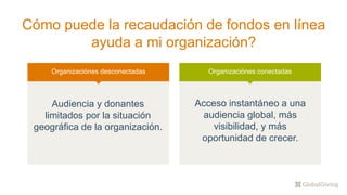 Cómo puede la recaudación de fondos en línea
ayuda a mi organización?
Organizaciónes desconectadas
Audiencia y donantes
limitados por la situación
geográfica de la organización.
Organizaciónes conectadas
Acceso instantáneo a una
audiencia global, más
visibilidad, y más
oportunidad de crecer.
 