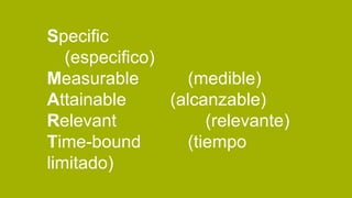 Specific
(especifico)
Measurable (medible)
Attainable (alcanzable)
Relevant (relevante)
Time-bound (tiempo
limitado)
 