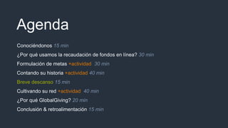 Agenda
Conociéndonos 15 min
¿Por qué usamos la recaudación de fondos en línea? 30 min
Formulación de metas +actividad 30 min
Contando su historia +actividad 40 min
Breve descanso 15 min
Cultivando su red +actividad 40 min
¿Por qué GlobalGiving? 20 min
Conclusión & retroalimentación 15 min
 