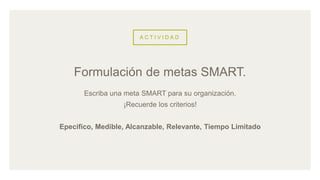 A C T I V I D A D
Escriba una meta SMART para su organización.
¡Recuerde los criterios!
Epecifico, Medible, Alcanzable, Relevante, Tiempo Limitado
Formulación de metas SMART.
 