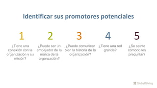 1
¿Tiene una
conexión con la
organización y su
misión?
2
¿Puede ser un
embajador de la
marca de la
organzación?
3
¿Puede comunicar
bien la historia de la
organización?
4
¿Tiene una red
grande?
5
¿Se seinte
cómodo les
preguntar?
Identificar sus promotores potenciales
 