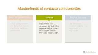 Manteniendo el contacto con donantes
Notas de agradecimiento Informes Medios Sociales
Tiene que agradecer
sus donantes, nuevos
y antiguos, para sus
donaciones.
Recuerde a sus
donantes por qué ellos
donaron y el progreso
de la organización a
través de su donación.
Usa diferentes
plataformas para estar
conectado con
seguidores.
 