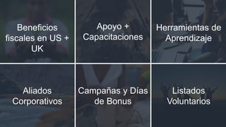 Beneficios
fiscales en US +
UK
Apoyo +
Capacitaciones
Herramientas de
Aprendizaje
Aliados
Corporativos
Campañas y Días
de Bonus
Listados
Voluntarios
 