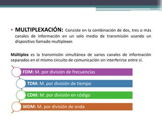 • MULTIPLEXACIÓN: Consiste en la combinación de dos, tres o más 
canales de información en un solo medio de transmisión usando un 
dispositivo llamado multiplexor. 
Múltiplex es la transmisión simultánea de varios canales de información 
separados en el mismo circuito de comunicación sin interferirse entre sí. 
FDM: M. por división de frecuencias 
TDM: M. por división de tiempo 
CDM: M. por división en código 
WDM: M. por división de onda 
 