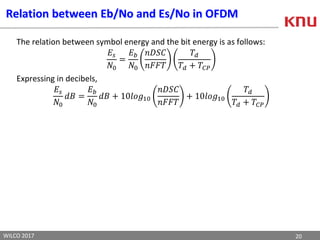 20WILCO 2017
Relation between Eb/No and Es/No in OFDM
The relation between symbol energy and the bit energy is as follows:
𝐸𝑠
𝑁0
=
𝐸 𝑏
𝑁0
𝑛𝐷𝑆𝐶
𝑛𝐹𝐹𝑇
𝑇𝑑
𝑇𝑑 + 𝑇𝐶𝑃
Expressing in decibels,
𝐸𝑠
𝑁0
𝑑𝐵 =
𝐸 𝑏
𝑁0
𝑑𝐵 + 10𝑙𝑜𝑔10
𝑛𝐷𝑆𝐶
𝑛𝐹𝐹𝑇
+ 10𝑙𝑜𝑔10
𝑇𝑑
𝑇𝑑 + 𝑇𝐶𝑃
 
