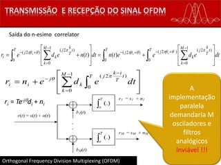 Orthogonal Frequency Division Multiplexing (OFDM)
dtedeetndttneder
M
k
t
T
k
j
k
T T ftjftj
M
k
t
T
k
j
k
T
ftj
i
iii

















  






1
0
)2(
0 0
)2()2(
1
0
)2(
0
)2(
)()(

Saída do n-esimo correlator






  




1
0
0
)2(M
k
T t
T
ik
j
k
j
ii dtedenr


ri = Te-jdi + ni
A
implementação
paralela
demandaria M
osciladores e
filtros
analógicos
Inviável !!!
 