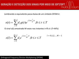 Orthogonal Frequency Division Multiplexing (OFDM)
Lembrando o equivalente passa-baixa de um símbolo OFDM é:
O sinal s(t) amostrado M vezes nos instantes t=lTs é: (T=MTs)
𝑙 = 0,1,2, … 𝑀 − 1
Ttetgdts
M
i
t
T
i
j
i  


0,)()(
1
0
)(2
Ttedls
M
i
l
M
i
j
i  


0,)(
1
0
)(2
 
