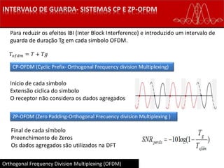 Orthogonal Frequency Division Multiplexing (OFDM)
Para reduzir os efeitos IBI (Inter Block Interference) e introduzido um intervalo de
guarda de duração Tg em cada simbolo OFDM.
𝑇𝑜𝑓𝑑𝑚 = 𝑇 + 𝑇𝑔
CP-OFDM (Cyclic Prefix- Orthogonal Frequency division Multiplexing)
Inicio de cada simbolo
Extensão ciclica do simbolo
O receptor não considera os dados agregados
Final de cada símbolo
Preenchimento de Zeros
Os dados agregados são utilizados na DFT
ZP-OFDM (Zero Padding-Orthogonal Frecuency division Multiplexing )
 