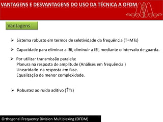 Orthogonal Frequency Division Multiplexing (OFDM)
 Sistema robusto em termos de seletividade da frequência (T=MTs)
 Capacidade para eliminar a IBI, diminuir a ISI, mediante o intervalo de guarda.
 Por utilizar transmissão paralela:
Planura na resposta de amplitude (Análises em frequência )
Linearidade na resposta em fase.
Equalização de menor complexidade.
 Robustez ao ruído aditivo (Ts)
Vantagens
 