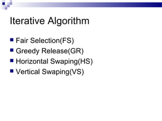 Iterative Algorithm
Fair Selection(FS)
 Greedy Release(GR)
 Horizontal Swaping(HS)
 Vertical Swaping(VS)


 