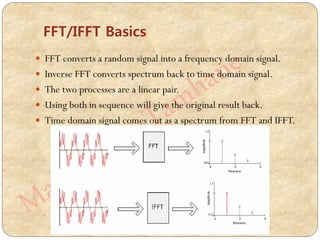  FFT converts a random signal into a frequency domain signal.
 Inverse FFT converts spectrum back to time domain signal.
 The two processes are a linear pair.
 Using both in sequence will give the original result back.
 Time domain signal comes out as a spectrum from FFT and IFFT.
FFT/IFFT Basics
 