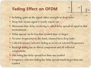  In fading, gains in the signal either strength or deep fades.
 Deep fade means signal is nearly wiped out.
 Maximum time delay occurring is called delay spread of signal in that
environment.
 Delay spread can be less than symbol time or larger.
 At some frequencies in the band, channel faces deep fades.
 Called frequency selective fading as occurs at selected frequencies.
 Rayleigh fading has no direct component and all reflected
components.
 Flat fading has delay spread less than one symbol.
 Frequency-selective fading has delay spread much larger than one
symbol.
Fading Effect on OFDM
Іα0І Іα1І
ІαkІ
Δ1
Δ0 Δk
 
