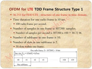  36.211 for FDD LTE - structure of one frame in time domain.
 Time duration for one radio frame is 10 ms.
 100 radio frame per second.
 Number of samples in one frame is 307200 samples.
 Number of samples per second is 307200 x 100 = 30.72 M.
 Number of subframe in one frame is 10.
 Number of slots in one subframe is 2.
 20 slots within one frame.
OFDM for LTE TDD Frame Structure Type 1
 