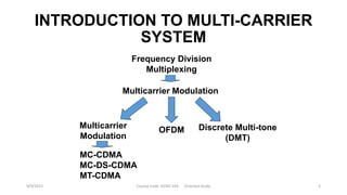 INTRODUCTION TO MULTI-CARRIER
SYSTEM
Frequency Division
Multiplexing
Multicarrier Modulation
Multicarrier
Modulation
OFDM Discrete Multi-tone
(DMT)
MC-CDMA
MC-DS-CDMA
MT-CDMA
9/9/2015 Course Code :EENG 564 Directed Study 3
 