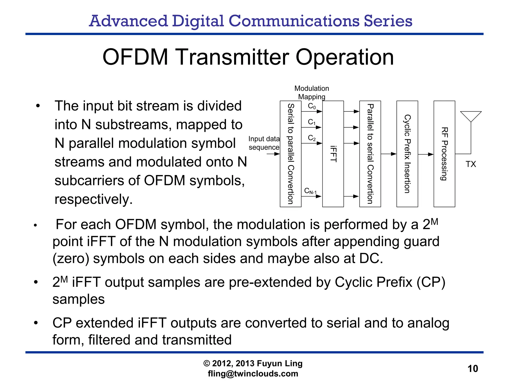 Advanced Digital Communications Series
10
OFDM Transmitter Operation
• The input bit stream is divided
into N substreams, mapped to
N parallel modulation symbol
streams and modulated onto N
subcarriers of OFDM symbols,
respectively.
SerialtoparallelConvertion
iFFT
ParalleltoserialConvertion
CyclicPrefixInsertion
RFProcessing
• For each OFDM symbol, the modulation is performed by a 2M
point iFFT of the N modulation symbols after appending guard
(zero) symbols on each sides and maybe also at DC.
• 2M iFFT output samples are pre-extended by Cyclic Prefix (CP)
samples
• CP extended iFFT outputs are converted to serial and to analog
form, filtered and transmitted
© 2012, 2013 Fuyun Ling
fling@twinclouds.com
 