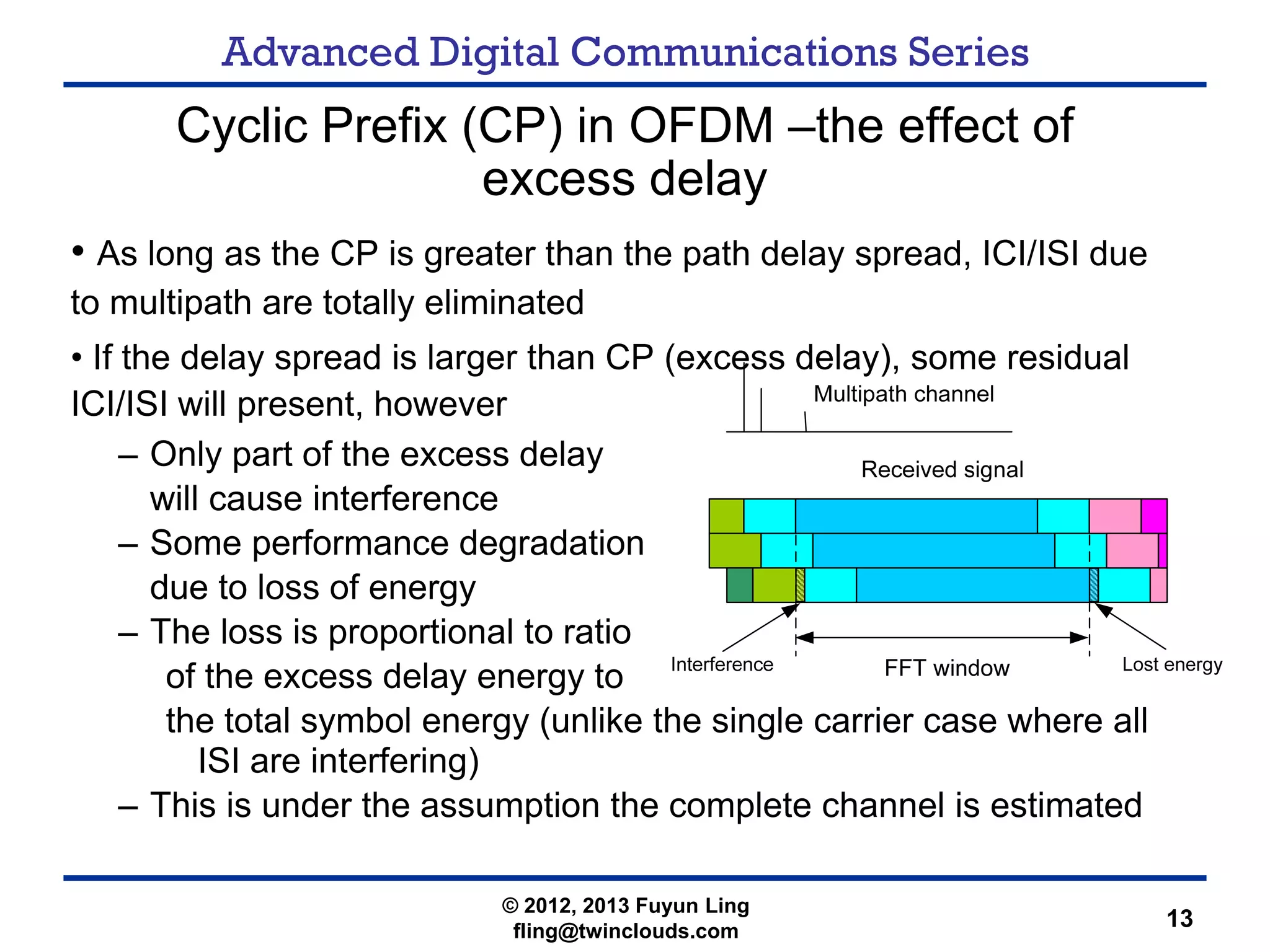 Advanced Digital Communications Series
13
Cyclic Prefix (CP) in OFDM –the effect of
excess delay
• As long as the CP is greater than the path delay spread, ICI/ISI due
to multipath are totally eliminated
• If the delay spread is larger than CP (excess delay), some residual
ICI/ISI will present, however
– Only part of the excess delay
will cause interference
– Some performance degradation
due to loss of energy
– The loss is proportional to ratio
of the excess delay energy to
the total symbol energy (unlike the single carrier case where all
ISI are interfering)
– This is under the assumption the complete channel is estimated
© 2012, 2013 Fuyun Ling
fling@twinclouds.com
 
