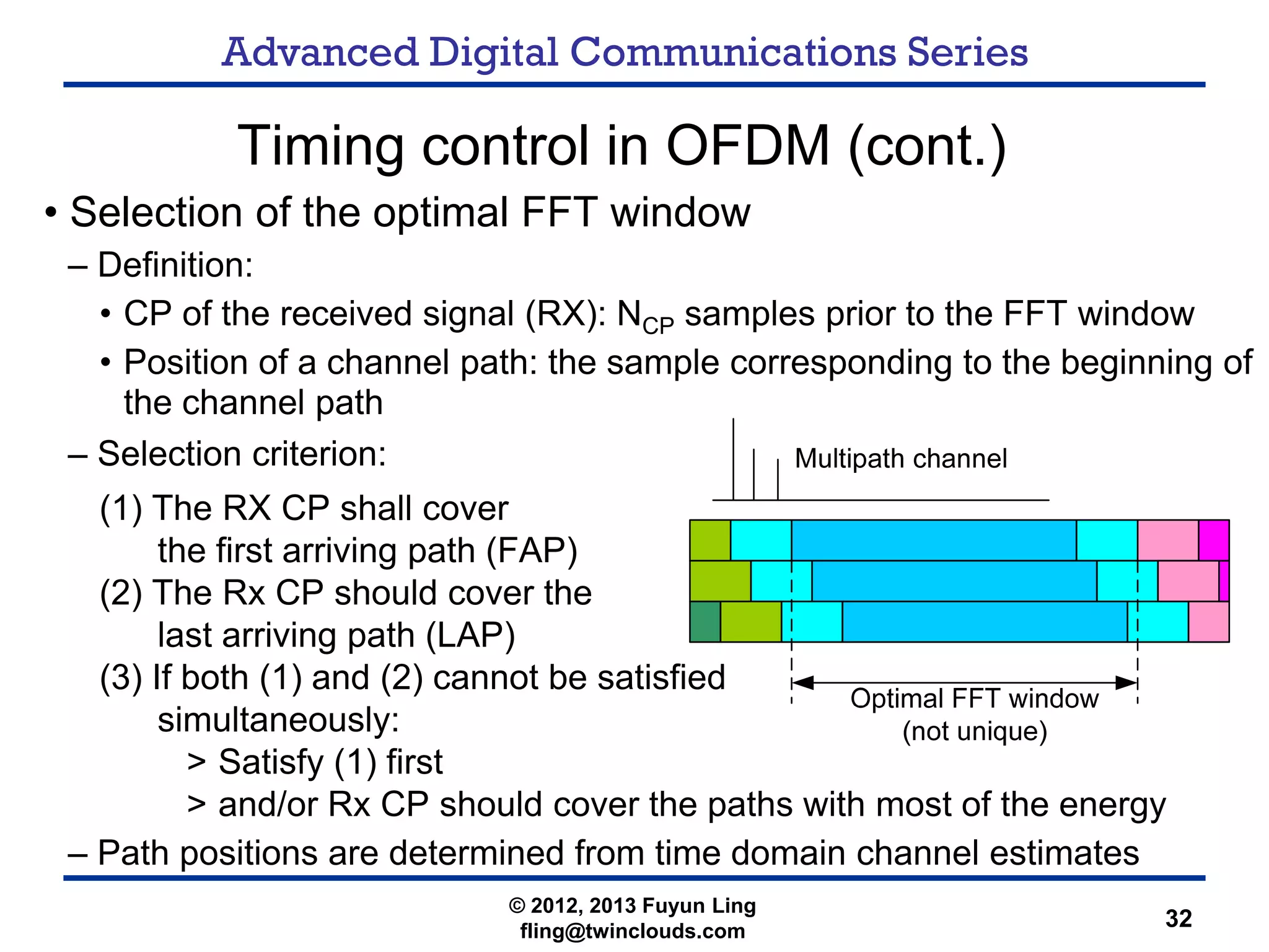 Advanced Digital Communications Series
32
Timing control in OFDM (cont.)
• Selection of the optimal FFT window
– Definition:
• CP of the received signal (RX): NCP samples prior to the FFT window
• Position of a channel path: the sample corresponding to the beginning of
the channel path
– Selection criterion:
(1) The RX CP shall cover
the first arriving path (FAP)
(2) The Rx CP should cover the
last arriving path (LAP)
(3) If both (1) and (2) cannot be satisfied
simultaneously:
> Satisfy (1) first
> and/or Rx CP should cover the paths with most of the energy
– Path positions are determined from time domain channel estimates
© 2012, 2013 Fuyun Ling
fling@twinclouds.com
 