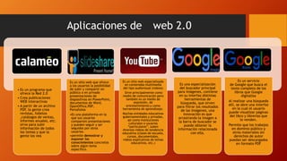 Aplicaciones de web 2.0
• Es un programa que
ofrece la Red 2.0
• Crea publicaciones
WEB interactivas
• A partir de un archivo
PDF, la gente crea
revistas, folletos
,catálogos de ventas,
informes anuales, etc.
sirve para subir
información de todos
los temas y que la
gente los vea
Es un sitio web que ofrece
a los usuarios la posibilidad
de subir y compartir en
público o en privado
presentaciones de
diapositivas en PowerPoint,
documentos de Word,
OpenOffice,PDF,
Portafolios
•Es una plataforma en la
que sus usuarios
comparten presentaciones
y pueden seguir y ser
seguidos por otros
usuarios.
•permite demostrar y
exponer los
conocimientos concretos
sobre algún tema
específico.
Es un sitio web especializado
en contenidos multimedia
del tipo audiovisual (videos)
Sirve principalmente como
medio de comunicación pero
también es un medio de
expresión, de
entretenimiento y como
herramienta de aprendizaje.
Muchas entidades educativas
gubernamentales y privadas,
así como instituciones
culturales o usuarios
“particulares”, suben
diversos videos de tendencia
educativa (clases de escuela,
cursos, documentales,
videos explicativos de temas
educativos, etc.)
Es una especialización
del buscador principal
para imágenes, contiene
en su interfaz distintas
herramientas de
búsqueda, que sirven
para filtrar los resultados
de las imágenes, una
innovación es que
arrastrando la imagen a
la barra de buscador se
puede obtener la
información relacionada
con ella.
Es un servicio
de Google que busca el
texto completo de los
libros que Google
digitaliza
Al realizar una búsqueda
allí, se abre una interfaz
en la cual el usuario
puede visualizar páginas
del libro y librerías que
lo venden.
Permite que los trabajos
en dominio público y
otros materiales sin
derechos de autor
puedan ser descargados
en formato PDF
 