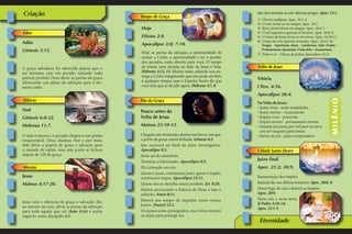 Criação 
Adão 
Gênesis 3:15. 
A graça salvadora foi oferecida depois que o 
ser humano caiu em pecado. Quando tudo 
parecia perdido Deus abriu as portas da graça 
oferecendo um plano de salvação para o ho-mem 
caído. 
Tempo de Graça 
Dilúvio 
Messias 
Éden 
Eternidade 
Fim da Graça 
Volta de Jesus 
Cidade Santa Desce 
MILÊNIO 
Noé 
Gênesis 6:8-22. 
Hebreus 11:7. 
O mal avançou e o pecado chegou a um ponto 
insuportável. Deus chamou Noé e por meio 
dele abriu a poprta de graça e salvação para 
o mundo de então, mas esta porta se fechou 
depois de 120 de graça. 
Jesus 
Mateus 4:17-20. 
Jesus veio e ofereceu de graça a salvação. Ele, 
ao morrer na cruz, abriu as portas da salvação 
para todo aquele que crê (João 3:16) e aceita 
seguí-lo como discípulo fiel. 
Hoje 
Efésios 2:8. 
Apocalipse 3:8; 7:10. 
Hoje as portas da salvação, a oportunidade de 
aceitar a Cristo, a oportunidade e ter o perdão 
dos pecados, estão abertas para você. O tempo 
de tomar uma decisão ao lado de Jesus é hoje. 
Hebreus 3:12, 13. Muitos estão adiando sua en-trega 
a Cristo imaginando que isto pode ser feito 
a qualquer tempo, mas o Espírito Santo diz que 
você tem que se decidir agora. Hebreus 3:7, 8. 
Pouco antes da 
Volta de Jesus 
Mateus 25:10-13. 
Chegará um momento, dentro em breve, em que 
a porta da graça estará fechada. Gênesis 6:3. 
Isto ocorrerá no final do juízo investigativo. 
Apocalipse 8:5. 
Jesus sai do santuário. 
Termina a intercessão. Apocalipse 8:5. 
Há comoção no céu. 
Quem é justo, continuará justo; quem é ímpio, 
continuará ímpio. Apocalipse 22:11. 
Quem não se decidiu estará perdido. Jer. 8:20. 
Muitos procurarão a Palavra de Deus e não a 
acharão. Amós 8:11. 
Haverá um tempo de angústia como nunca 
houve. Daniel 12:1. 
Os justos serão perseguidos, mas Deus enviará 
os anjos para protegê-los. 
São derramadas as sete últimas pragas. Apoc. 15:1. 
1ª. Úlceras malignas. Apoc. 16:1-2. 
2ª. O mar torna-se em sangue. Apoc. 16:3. 
3ª. Rios e fontes ficam em sangue. Apoc. 16:4-7. 
4ª. O sol esquenta e queima os homens. Apoc. 16:8, 9. 
5ª. O trono da besta torna-se em trevas. Apoc. 16:10,11. 
6ª. União dos três espíritos imundos. Apoc. 16:12-16. 
Dragão - Espiritismo, Besta - Catolicismo, Falso Profeta - 
Protestantismo Apostatado. União deles = Ecumenismo. 
7ª. Sobre o ar - Chuva de pedras Apocalipse 16:21. 
Vitória 
I Tess. 4:16. 
Apocalipse 20:4. 
Na Volta de Jesus: 
• Justos vivos - serão trasladados. 
• Justos mortos - ressuscitarão. 
• Ímpios vivos - perecerão. 
• Ímpios mortos - permanecem mortos. 
• Satanás fica preso por mil anos na terra 
sem ter ninguém para tentar. 
• Salvos no céu - juízo comprovativo. 
Juízo final 
Apoc. 21:2; 20:9. 
Ressurreição dos ímpios. 
Satanás faz sua última tentativa. Apoc. 20:8, 9. 
Desce fogo do céu e destrói os ímpios. 
Apoc. 20:9. 
Novo céu e nova terra. 
II Pedro 3:10-14; 
Apoc. 21:1-5 
