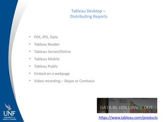 • PDF, JPG, Data
• Tableau Reader
• Tableau Server/Online
• Tableau Mobile
• Tableau Public
• Embed on a webpage
• Video recording – Skype or Camtasia
Tableau Desktop –
Distributing Reports
https://www.tableau.com/products
 