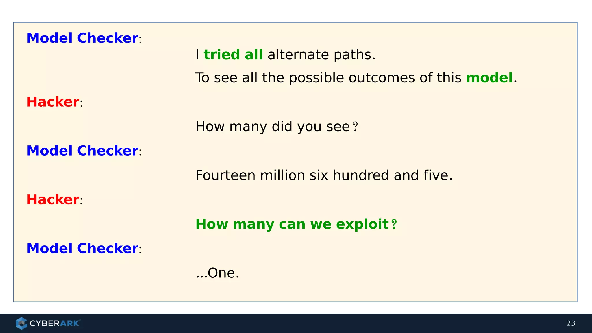 23
Model Checker:
I tried all alternate paths.
To see all the possible outcomes of this model.
Hacker:
How many did you see?
Model Checker:
Fourteen million six hundred and five.
Hacker:
How many can we exploit?
Model Checker:
...One.
 