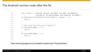 © 2014 SAP AG or an SAP affiliate company. All rights reserved. 33Confidential
The Android version code after the fix
The version with the fixed code
https://android.googlesource.com/platform/system/core/+/froyo/adb/adb.c
 
