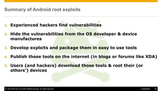 © 2014 SAP AG or an SAP affiliate company. All rights reserved. 36Confidential
Summary of Android root exploits
1. Experienced hackers find vulnerabilities
2. Hide the vulnerabilities from the OS developer & device
manufactures
3. Develop exploits and package them in easy to use tools
4. Publish those tools on the internet (in blogs or forums like XDA)
5. Users (and hackers) download those tools & root their (or
others’) devices
 