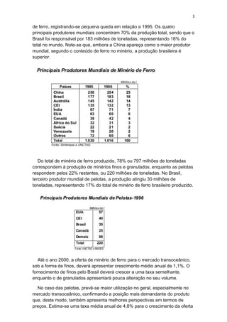3
de ferro, registrando-se pequena queda em relação a 1995. Os quatro
principais produtores mundiais concentram 70% da produção total, sendo que o
Brasil foi responsável por 183 milhões de toneladas, representando 18% do
total no mundo. Note-se que, embora a China apareça como o maior produtor
mundial, segundo o conteúdo de ferro no minério, a produção brasileira é
superior.
Do total de minério de ferro produzido, 78% ou 797 milhões de toneladas
correspondem à produção de minérios finos e granulados, enquanto as pelotas
respondem pelos 22% restantes, ou 220 milhões de toneladas. No Brasil,
terceiro produtor mundial de pelotas, a produção atingiu 30 milhões de
toneladas, representando 17% do total de minério de ferro brasileiro produzido.
Até o ano 2000, a oferta de minério de ferro para o mercado transoceânico,
sob a forma de finos, deverá apresentar crescimento médio anual de 1,1%. O
fornecimento de finos pelo Brasil deverá crescer a uma taxa semelhante,
enquanto o de granulados apresentará pouca alteração no seu volume.
No caso das pelotas, prevê-se maior utilização no geral, especialmente no
mercado transoceânico, confirmando a posição mais demandante do produto
que, deste modo, também apresenta melhores perspectivas em termos de
preços. Estima-se uma taxa média anual de 4,8% para o crescimento da oferta
 