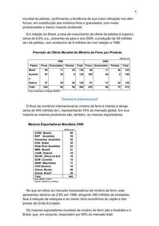 4
mundial de pelotas, confirmando a tendência de sua maior utilização nos alto-
fornos, em substituição aos minérios finos e granulados, com maior
produtividade e menor impacto ambiental.
Em relação ao Brasil, a taxa de crescimento da oferta de pelotas é superior,
cerca de 6,9% a.a., prevendo-se para o ano 2000, a produção de 38 milhões
de t de pelotas, com acréscimo de 9 milhões de t em relação a 1996.
Comércio Internacional
O fluxo de comércio internacional do minério de ferro é intenso e atinge
cerca de 445 milhões de t, representando 43% do mercado global. Em sua
maioria os maiores produtores são, também, os maiores exportadores.
No que se refere ao mercado transoceânico de minério de ferro, este
apresentou declínio de 2,9% em 1996, atingindo 390 milhões de toneladas,
face à redução de estoques e ao menor ritmo econômico do Japão e dos
países da União Européia.
Os maiores exportadores mundiais de minério de ferro são a Austrália e o
Brasil, que, em conjunto, respondem por 68% do mercado total.
 