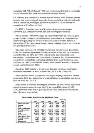 8
investidos US$ 215 milhões até 1998, cuja produção será dirigida à exportação
e outra em Itabira-MG, para atendimento do mercado interno.
• A Samarco, que comercializa mais de 65% do minério sob a forma de pelotas,
também está em processo de expansão, tendo concluído projeto de duplicação
de sua unidade de pelotização, passando a produzir 100% de pelotas no
equivalente a 12 milhões de t/ano.
Em 1996, o Brasil exportou para 38 países, destacando-se Japão e
Alemanha, que juntos absorveram 36% das exportações brasileiras.
Para o período 1997/2000, projeta-se crescimento médio de 1,0% a.a. para
as exportações brasileiras de minérios finos e granulados, acompanhando o
crescimento previsto para o mercado transoceânico de minério de ferro e
aumento de 30,5% nas exportações de pelotas, devido à entrada em operação
dos projetos mencionados.
Os preços praticados no mercado internacional para os finos e granulados,
foram decrescentes no período 1992/94 e voltaram a subir em 1995, havendo
aumento médio de 4,8%. Em 1996, embora tenha ocorrido acordo entre
ofertantes e compradores para um aumento nos preços de 7,1% em relação ao
ano anterior, na realidade os preços praticados foram superiores em apenas
4,4% aos de 1995. Por outro lado, os preços das pelotas têm sofrido reajustes
anuais crescentes desde 1994.
A partir de 1997, espera-se crescimento do preço médio das exportações
brasileiras de minério de ferro da ordem de 2,5% a.a. até o ano 2000.
Neste período, deverá ocorrer uma valorização do preço médio das pelotas
de cerca de 2,8% a.a., superior ao previsto para finos e granulados, que deverá
girar em torno de 2,0% a.a.
Desta forma, o valor das exportações de minério de ferro, deverá apresentar
crescimento acumulado de cerca de 24% até o ano 2000, atingindo US$
3.317,3 milhões, neste ano, o que equivale ao saldo comercial deste produto,
visto não haver importações.
 