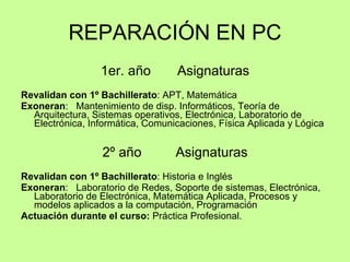 REPARACIÓN EN PC 1er. año  Asignaturas Revalidan con 1º Bachillerato : APT, Matemática Exoneran :  Mantenimiento de disp. Informáticos, Teoría de Arquitectura, Sistemas operativos, Electrónica, Laboratorio de Electrónica, Informática, Comunicaciones, Física Aplicada y Lógica 2º año  Asignaturas Revalidan con 1º Bachillerato : Historia e Inglés Exoneran :  Laboratorio de Redes, Soporte de sistemas, Electrónica, Laboratorio de Electrónica, Matemática Aplicada, Procesos y modelos aplicados a la computación, Programación Actuación durante el curso:  Práctica Profesional. 