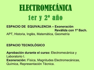 ELECTROMECÁNICA 1er y 2º año ESPACIO DE  EQUIVALENCIA – Exoneración Reválida con 1º Bach. APT, Historia, Inglés, Matemática, Geometría ESPACIO TECNOLÓGICO  Aprobación durante el curso:  Electromecánica y Laboratorio I. Exoneración:  Física, Magnitudes Electromecánicas, Química, Representación Técnica. 