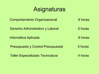 Asignaturas Comportamiento Organizacional  6 horas Derecho Administrativo y Laboral  5 horas Informática Aplicada  6 horas Presupuesto y Control Presupuestal  5 horas Taller Especializado Tecnicatura  4 horas 