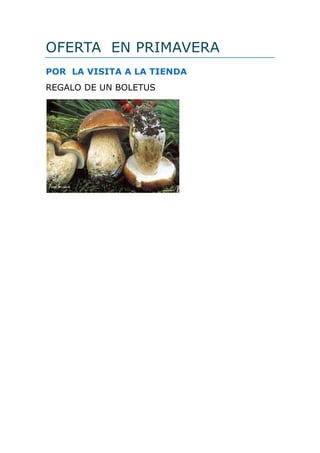 OFERTA EN PRIMAVERA
POR LA VISITA A LA TIENDA
REGALO DE UN BOLETUS
 