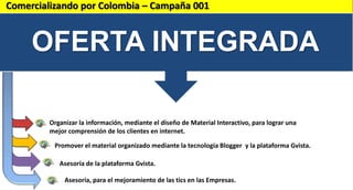 Comercializando por Colombia – Campaña 001

OFERTA INTEGRADA
Organizar la información, mediante el diseño de Material Interactivo, para lograr una
mejor comprensión de los clientes en internet.
Promover el material organizado mediante la tecnología Blogger y la plataforma Gvista.
Asesoría de la plataforma Gvista.
Asesoría, para el mejoramiento de las tics en las Empresas.

 