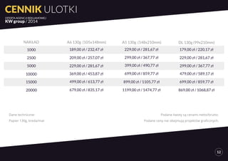 NAKŁAD A6 130g (105x148mm) A5 130g (148x210mm) DL 130g (99x210mm) 
1000 189,00 zł / 232,47 zł 229,00 zł / 281,67 zł 179,00 zł / 220,17 zł 
2500 209,00 zł / 257,07 zł 299,00 zł / 367,77 zł 229,00 zł / 281,67 zł 
5000 229,00 zł / 281,67 zł 399,00 zł / 490,77 zł 299,00 zł / 367,77 zł 
10000 369,00 zł / 453,87 zł 699,00 zł / 859,77 zł 479,00 zł / 589,17 zł 
15000 499,00 zł / 613,77 zł 899,00 zł / 1105,77 zł 699,00 zł / 859,77 zł 
20000 679,00 zł / 835,17 zł 1199,00 zł / 1474,77 zł 869,00 zł / 1068,87 zł 
Dane techniczne: 
Papier 130g, kreda/mat 
Podane kwoty są cenami netto/brutto. 
Podane ceny nie obejmują projektów graficznych. 
CENNIK ULOTKI 
OFERTA AGENCJI REKLAMOWEJ 
KW group / 2014 
12 
 