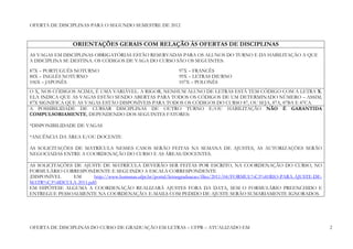 OFERTA DE DISCIPLINAS PARA O SEGUNDO SEMESTRE DE 2012


                 ORIENTAÇÕES GERAIS COM RELAÇÃO ÀS OFERTAS DE DISCIPLINAS
AS VAGAS EM DISCIPLINAS OBRIGATÓRIAS ESTÃO RESERVADAS PARA OS ALUNOS DO TURNO E DA HABILITAÇÃO A QUE
A DISCIPLINA SE DESTINA. OS CÓDIGOS DE VAGA DO CURSO SÃO OS SEGUINTES:

87X – PORTUGUÊS NOTURNO                                     97X – FRANCÊS
88X – INGLÊS NOTURNO                                        99X – LETRAS DIURNO
106X – JAPONÊS                                              107X – POLONÊS
O X, NOS CÓDIGOS ACIMA, É UMA VARIÁVEL. A RIGOR, NENHUM ALUNO DE LETRAS ESTÁ TEM CÓDIGO COM A LETRA X.
ELA INDICA QUE AS VAGAS ESTÃO SENDO ABERTAS PARA TODOS OS CÓDIGOS DE UM DETERMINADO NÚMERO – ASSIM,
87X SIGNIFICA QUE AS VAGAS ESTÃO DISPONÍVEIS PARA TODOS OS CÓDIGOS DO CURSO 87, OU SEJA, 87A, 87BA E 87CA.
A POSSIBILIDADE DE CURSAR DISCIPLINAS DE OUTRO TURNO E/OU HABILITAÇÃO NÃO É GARANTIDA
COMPULSORIAMENTE, DEPENDENDO DOS SEGUINTES FATORES:

*DISPONIBILIDADE DE VAGAS

*ANUÊNCIA DA ÁREA E/OU DOCENTE

AS SOLICITAÇÕES DE MATRÍCULA NESSES CASOS SERÃO FEITAS NA SEMANA DE AJUSTES, AS AUTORIZAÇÕES SERÃO
NEGOCIADAS ENTRE A COORDENAÇÃO DO CURSO E AS ÁREAS/DOCENTES.

AS SOLICITAÇÕES DE AJUSTE DE MATRÍCULA DEVERÃO SER FEITAS POR ESCRITO, NA COORDENAÇÃO DO CURSO, NO
FORMULÁRIO CORRESPONDENTE E SEGUINDO A ESCALA CORRESPONDENTE
(DISPONÍVEL     EM     http://www.humanas.ufpr.br/portal/letrasgraduacao/files/2011/04/FORMUL%C3%81RIO-PARA-AJUSTE-DE-
MATR%C3%8DCULA-2011.pdf)
EM HIPÓTESE ALGUMA A COORDENAÇÃO REALIZARÁ AJUSTES FORA DA DATA, SEM O FORMULÁRIO PREENCHIDO E
ENTREGUE PESSOALMENTE NA COORDENAÇÃO. E-MAILS COM PEDIDO DE AJUSTE SERÃO SUMARIAMENTE IGNORADOS.




OFERTA DE DISCIPLINAS DO CURSO DE GRADUAÇÃO EM LETRAS – UFPR – ATUALIZADO EM                                             2
 