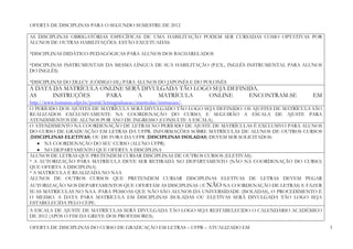 OFERTA DE DISCIPLINAS PARA O SEGUNDO SEMESTRE DE 2012

AS DISCIPLINAS OBRIGATÓRIAS ESPECÍFICAS DE UMA HABILITAÇÃO PODEM SER CURSADAS COMO OPTATIVAS POR
ALUNOS DE OUTRAS HABILITAÇÕES. ESTÃO EXCETUADAS:

*DISCIPLINAS DIDÁTICO-PEDAGÓGICAS PARA ALUNOS DOS BACHARELADOS

*DISCIPLINAS INSTRUMENTAIS DA MESMA LÍNGUA DE SUA HABILITAÇÃO (P.EX., INGLÊS INSTRUMENTAL PARA ALUNOS
DO INGLÊS)

*DISCIPLINAS DO DLLCV (CÓDIGO HL) PARA ALUNOS DO JAPONÊS E DO POLONÊS
A DATA DA MATRÍCULA ONLINE SERÁ DIVULGADA TÃO LOGO SEJA DEFINIDA.
AS        INSTRUÇÕES                PARA          A          MATRÍCULA    ONLINE ENCONTRAM-SE    EM
http://www.humanas.ufpr.br/portal/letrasgraduacao/matriculas/instrucoes/.
O PERÍODO DOS AJUSTES DE MATRÍCULA SERÁ DIVULGADO TÃO LOGO SEJA DEFINIDO. OS AJUSTES DE MATRÍCULA SÃO
REALIZADOS EXCLUSIVAMENTE NA COORDENAÇÃO DO CURSO, E SEGUIRÃO A ESCALA DE AJUSTE PARA
ATENDIMENTOS DE ALUNOS POR ANO DE INGRESSO (CONSULTE A ESCALA).
O ATENDIMENTO NA COORDENAÇÃO DE LETRAS NO PERÍODO DE AJUSTE DE MATRÍCULAS É EXCLUSIVO PARA ALUNOS
DO CURSO DE GRADUAÇÃO EM LETRAS DA UFPR. INFORMAÇÕES SOBRE MATRÍCULAS DE ALUNOS DE OUTROS CURSOS
(DISCIPLINAS ELETIVAS) OU DE FORA DA UFPR (DISCIPLINAS ISOLADAS) DEVEM SER SOLICITADOS:
      NA COORDENAÇÃO DO SEU CURSO (ALUNO UFPR)
      NO DEPARTAMENTO QUE OFERTA A DISCIPLINA
ALUNOS DE LETRAS QUE PRETENDEM CURSAR DISCIPLINAS DE OUTROS CURSOS (ELETIVAS):
* A AUTORIZAÇÃO PARA MATRÍCULA DEVE SER RETIRADA NO DEPARTAMENTO (NÃO NA COORDENAÇÃO DO CURSO)
QUE OFERTA A DISCIPLINA)
* A MATRÍCULA É REALIZADA NO NAA
ALUNOS DE OUTROS CURSOS QUE PRETENDEM CURSAR DISCIPLINAS ELETIVAS DE LETRAS DEVEM PEGAR
AUTORIZAÇÃO NOS DEPARTAMENTOS QUE OFERTAM AS DISCIPLINAS ( E NÃO NA COORDENAÇÃO DE LETRAS) E FAZER
SUAS MATRÍCULAS NO NAA. PARA PESSOAS QUE NÃO SÃO ALUNOS DA UNIVERSIDADE (ISOLADAS), O PROCEDIMENTO É
O MESMO. A DATA PARA MATRÍCULA EM DISCIPLINAS ISOLADAS OU ELETIVAS SERÁ DIVULGADA TÃO LOGO SEJA
ESTABELECIDA PELO CEPE.
A ESCALA DE AJUSTE DE MATRÍCULAS SERÁ DIVULGADA TÃO LOGO SEJA RESTABELECIDO O CALENDÁRIO ACADÊMICO
DE 2012 (APÓS O FIM DA GREVE DOS PROFESSORES).

OFERTA DE DISCIPLINAS DO CURSO DE GRADUAÇÃO EM LETRAS – UFPR – ATUALIZADO EM                            3
 