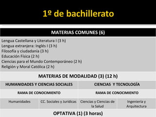 MATERIAS COMUNES (6) Lengua Castellana y Literatura I (3 h) Lengua extranjera: Inglés I (3 h) Filosofía y ciudadanía (3 h) Educación Física (2 h) Ciencias para el Mundo Contemporáneo (2 h) Religión y Moral Católica (2 h) MATERIAS DE MODALIDAD (3) (12 h) HUMANIDADES Y CIENCIAS SOCIALES CIENCIAS  Y TECNOLOGÍA RAMA DE CONOCIMIENTO RAMA DE CONOCIMIENTO Humanidades CC. Sociales y Jurídicas Ciencias y Ciencias de la Salud Ingeniería y Arquitectura OPTATIVA (1) (3 horas) 