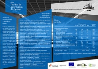 Curso
               Técnico de
               Informática
               de Gestão                                                                      Escola Secundária de Santa Maria da Feira

                                                                       Actividades
                                                                       principais a
Perfil de                                                            desempenhar:
desempenho                 . Instalar, configurar e efectuar a manutenção de diferentes       Plano
à saída do                   sistemas operativos e de software de aplicação;                  curricular
curso                      . Instalar, configurar, desen-volver e efectuar a manu-tenção
                                                                                                                                                     Nº Horas Anuais                    Total de
                             de bases de dados;                                                                                                 1º ano   2º ano    3º ano
                           . Avaliar e participar na escolha de utilitários, assim como nas                                                                                              Horas
O Técnico de Informática
de Gestão é o profis-        políticas de segurança em sistemas informáticos;                 Componente Sócio-Cultural
                           . Desenvolver aplicações na área de gestão;
sional qualificado que                                                                          Português                                        105          110          105            320
                           . Avaliar e participar na escolha de ferramentas de gestão;
possui competências no                                                                          Língua Estrangeira (a)                            99           73           48            220
                           . Analisar, testar e implementar ferramentas de gestão;              Área de Integração                                72           76           72            220
âmbito da gestão das       . Parametrizar e adequar, a necessidades específicas,                Tecnologias Inform. Comunicação                  100                                      100
organizações, nomea-
                             ferramentas de gestão existentes;                                  Educação Física                                   45           50           45            140
damente na construção      . Analisar problemas e propor soluções adequadas aos meios         Componente de Formação Científica
de modelos de gestão         existentes na empresa;                                             Matemática                                       99            99          102            300
de negócios/ projectos,    . Desenvolver módulos que complementem as aplicações de              Economia                                         99           101                         200
criando matrizes com         gestão, à medida das necessidades da empresa;                    Componente de Formação Técnica
recurso a aplicações       . Desenvolver, distribuir, instalar e efectuar a manutenção de       Sistemas de Informação                            93           87           72            252
informáticas para as                                                                            Linguagens de Programação                        156          222           80            458
                             aplicações informáticas, utilizando ambientes e linguagens
                                                                                                Análise Informat. Sistemas Exploração             66          117                         183
micro, pequenas e            de programação orientados a objectos, procedimentais e             Organiza. Empresas Aplicações Gestão              96          120           71            287
médias empresas, com         visuais;
vista à eficácia de        . Desenvolver, instalar e manter servidores, páginas e sistemas    Formação Contexto Trabalho                                                   420            420
resultados. Está apto a      de informação nas tecnologias web;
apoiar a coordenação de    . Colaborar na gestão de meios humanos, materiais e                 Total de Horas / Curso                           1030             1055      1015           3100
departamentos de             financeiros;
                           . Participar na execução da contabilidade geral da empresa;        (a) - Os formandos podem escolher entre Inglês, Francês, Espanhol ou Alemão, nas condições previstas
informática e a proceder
                           . Apoiar o processamento de salários;                              na legislação
ao desenvolvimento,
                           . Utilizar aplicações de facturação, stocks, contas correntes,
instalação e utilização
                             imobilizadas, contabilidade e salários;
de      aplicações         . Participar na organização dos processos e procedimentos
informáticas em
                             das obrigações fiscais;
qualquer área funcional    . Participar nos processos e procedimentos referen-
de uma organização/          tes aos diversos regimes de protecção social;
empresa.                   . Apoiar o expediente e o arquivo;
                           . Participar na elaboração de relatórios e mapas de
                             gestão.
 