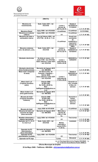 Municipalidad del Partido
de General Pueyrredon

                                           (SMATA)                     hs.


              Mecánica de           Sede: Colón 4251 – tel:                          Desde el
             transmisiones                472-9145                  Lunes a        18/10/2010 al
                                                                   viernes de       17/12/2010
                                                                  20:15 a 22:15                     C. F. P. Nº 403
           Mecánica Diesel        Jujuy 3550 – tel :472-9336       A confirmar      A confirmar       C.F.P Nº402
         Mecánica en motores      Jujuy 3550 – tel: 472-9336                        A confirmar
              nafteros                                                  /////                       C. F. P. Nº 402
         Mecánico de motor a      Tres de Febrero 4543 – tel                        Anual (con
          combustión interna      475-7736 – (S. M. A. T. A.)                       correlación
                                                                                        de
                                                                   A confirmar     instalación y
                                                                                    reparación
                                                                                    equipos de      C. F. P. Nº 406
                                                                                       GNC)
         Mecanico sistemas          Sede: Colón 4251 – tel:         Lunes a          Desde el
       conv. De aliment. y enc,           472-9145                 viernes de      02/08/2010 al    C. F. P. Nº 403
                                                                  20:15 a 22:15     15/10/2010



         Montador electricista     Se dicta en anexo: J. B.                         08/03/2010 a    C. F. P. Nº 403
                                  Justo 5199 – tel: 474-4105        Lunes a          12/05/2010
                                  Sede cabecera: Colón 4251       miércoles de
                                        – tel: 472-9145           19:00 a 22:20


         Montadro electricista    Bernardo de Irigoyen 4615
        (Area Construcciones)           – tel: 480-2853                                             C. F. P. Nº 401
        Mozo nivel 1 (mayores        Se dicta en Soc. de                             Desde el
               18 años)             Fomento J. Newbery –                           08/03/2010 al    C. F. P. Nº 403
                                         Bolivar 9049                               15/07/2010
                                  Sede cabecera: Colón 4251         Lunes a
                                        – tel: 472-9145           miércoles de
                                                                  17:00 a 20:20
            Mozo nivel I y II            Gascón 2660                               Duración un
          (Trayecto formativo            tel 493-1403                              año, cursada
                salón)                De 14:00 a 20:00 hs                           4 días a la
                                              Mail:                                  semana         C. F. P. Nº 405
                                  fp405gastromdp@yahoo.co
                                              m.ar
           Mozo niveles I y II     Bernardo de Irigoyen 4615
          (Area gastronomía)            – tel: 480-2853
                                                                                                    C. F. P. Nº 401
           Mucama de hotel               Gascón 2660                                Duración 4
          (Trayecto formativo             tel 493-1403                               meses,
               hoteleria)             De 14:00 a 20:00 hs                           cursada 4
                                              Mail:                                  días a la
                                  fp405gastromdp@yahoo.co                            semana
                                              m.ar                                                  C. F. P. Nº 405

           Mucama de hotel         Jujuy 3550- tel 472-9336             /////       A confirmar     C. F. P Nº402
         Mucama de hotel con      Bernardo de Irigoyen 4615        Miércoles y                      C. F. P. Nº 401
          nociones de inglés           – tel: 480-2853              viernes de
           (Area servicios)                                        9:00 a 11:40
                                                                        hs.
        Muebles artesanales y      Jujuy 3550– tel: 472-9336                        Tres turnos
         objetos decorativos                                            /////                       C. F. P. Nº 402
        Operador de P. C. B. E.     Sede: Colón 4251 – tel:                          modulado       C. F. P. Nº 403
             G. nivel 1y 2                472-9145                   Martes,
                                                                   miércoles y
                                                                  jueves 8:00 a
                                                                    11:20 hs.
           Operador de PC         Bernardo de Irigoyen 4615
            Administrativo             – tel: 480-2853
          (Area informática)                                                                        C. F. P. Nº 401
           Operador de PC         Jujuy 3550 – tel: 472-9336                        Tres turnos     C. F. P. Nº 402
        administrativo contable                                         /////
         Operador de PC bajo                                     Lunes,              Bimestral      C. F. P. Nº 404
                                                                Lic. en Psicología Maria de los Ángeles ESCOBAR   36
                                                                   Lic. en Servicio Social Mariano Rubén ARBELO
                                     Oficina Municipal de Empleo
               25 de Mayo 3949 - Teléfonos: 499-6564 - oficinaempleomdq@yahoo.com.ar
 