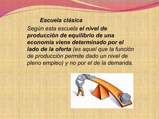 Escuela clásica 
Según esta escuela el nivel de 
producción de equilibrio de una 
economía viene determinado por el 
lado de la oferta (es aquel que la función 
de producción permite dado un nivel de 
pleno empleo) y no por el de la demanda. 
 